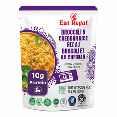 Regal Kitchen Foods broccoli and cheddar flavored ready-to-eat rice in 8.8 oz packs, creamy and savory, 12-pack for quick meals
