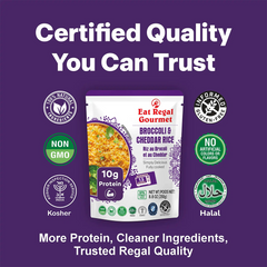 Regal Kitchen Foods Broccoli & Cheddar Flavored Ready-to-Eat Rice 8.8 oz pack, creamy and savory, 12-pack for quick meal prep.