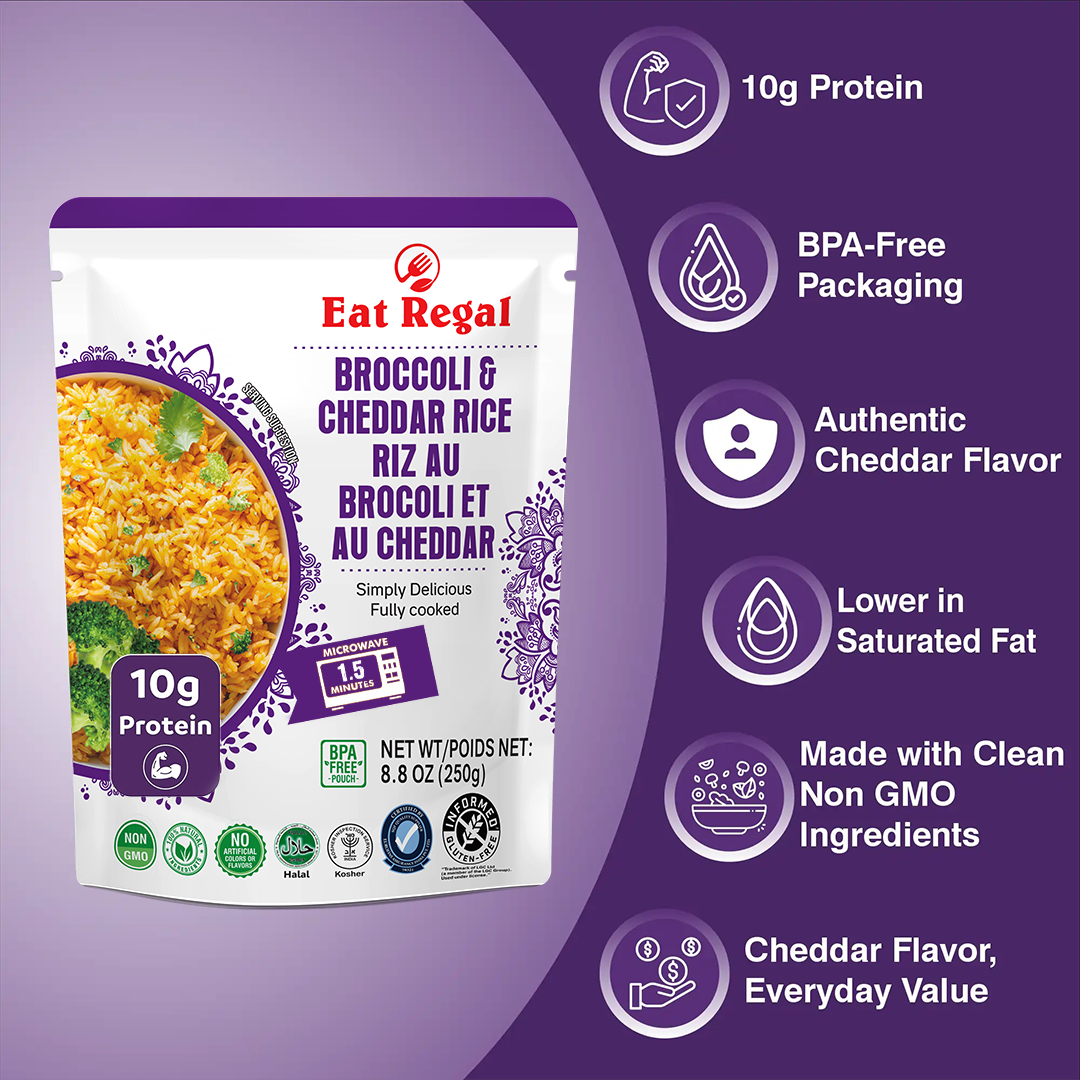 Ready-to-eat Regal Kitchen Foods Broccoli & Cheddar Flavored Rice in 8.8 oz package, 12-pack, creamy and savory in appearance.