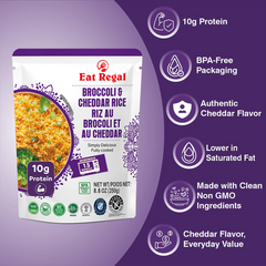 Ready-to-eat Regal Kitchen Foods Broccoli & Cheddar flavored rice in 8.8 oz packages, creamy, savory, quick-prep 6-pack.