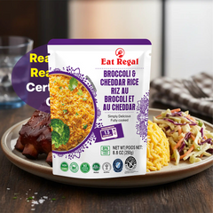 Ready-to-eat Regal Kitchen Foods broccoli and cheddar flavored rice in 8.8 oz packages, creamy, savory, quick to prepare.