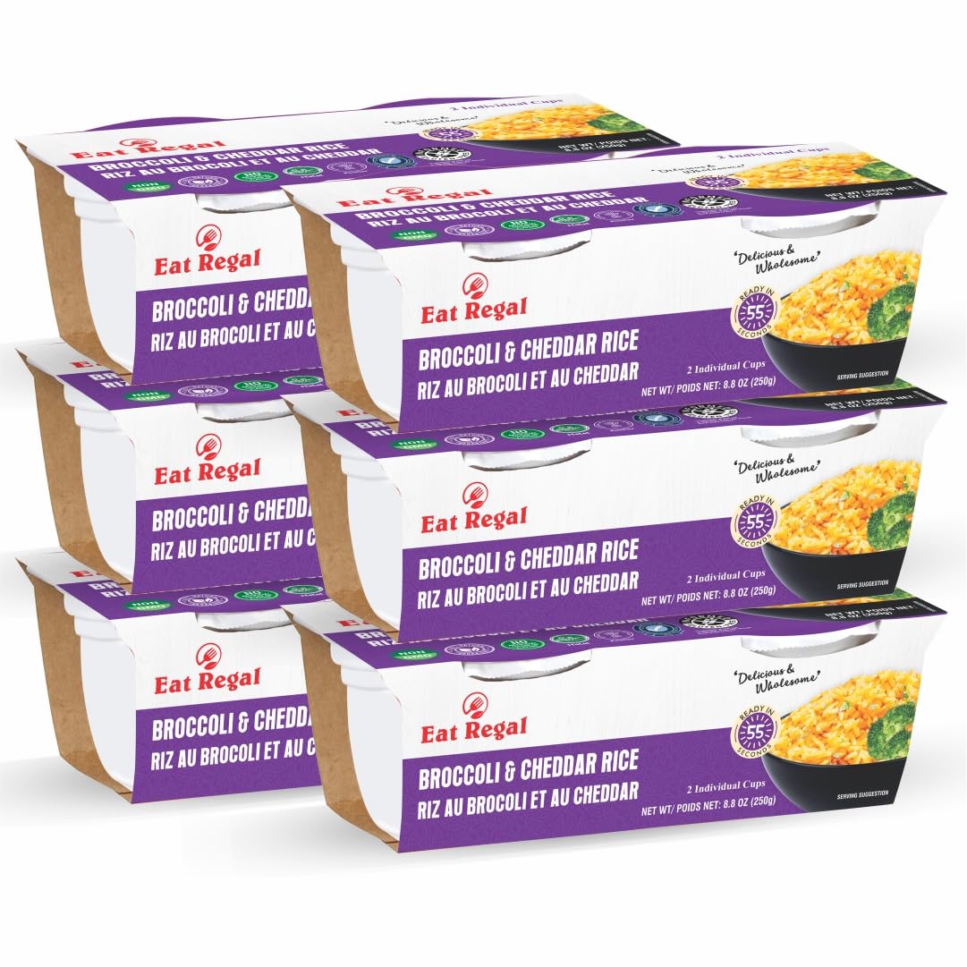 Ready-to-eat broccoli and cheddar rice cup by Regal Kitchen Foods, gluten-free, 8.8 oz, pack of six, steaming rice in a cup.