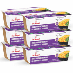 Ready-to-eat broccoli and cheddar rice cup by Regal Kitchen Foods, gluten-free, 8.8 oz, pack of six, steaming rice in a cup.