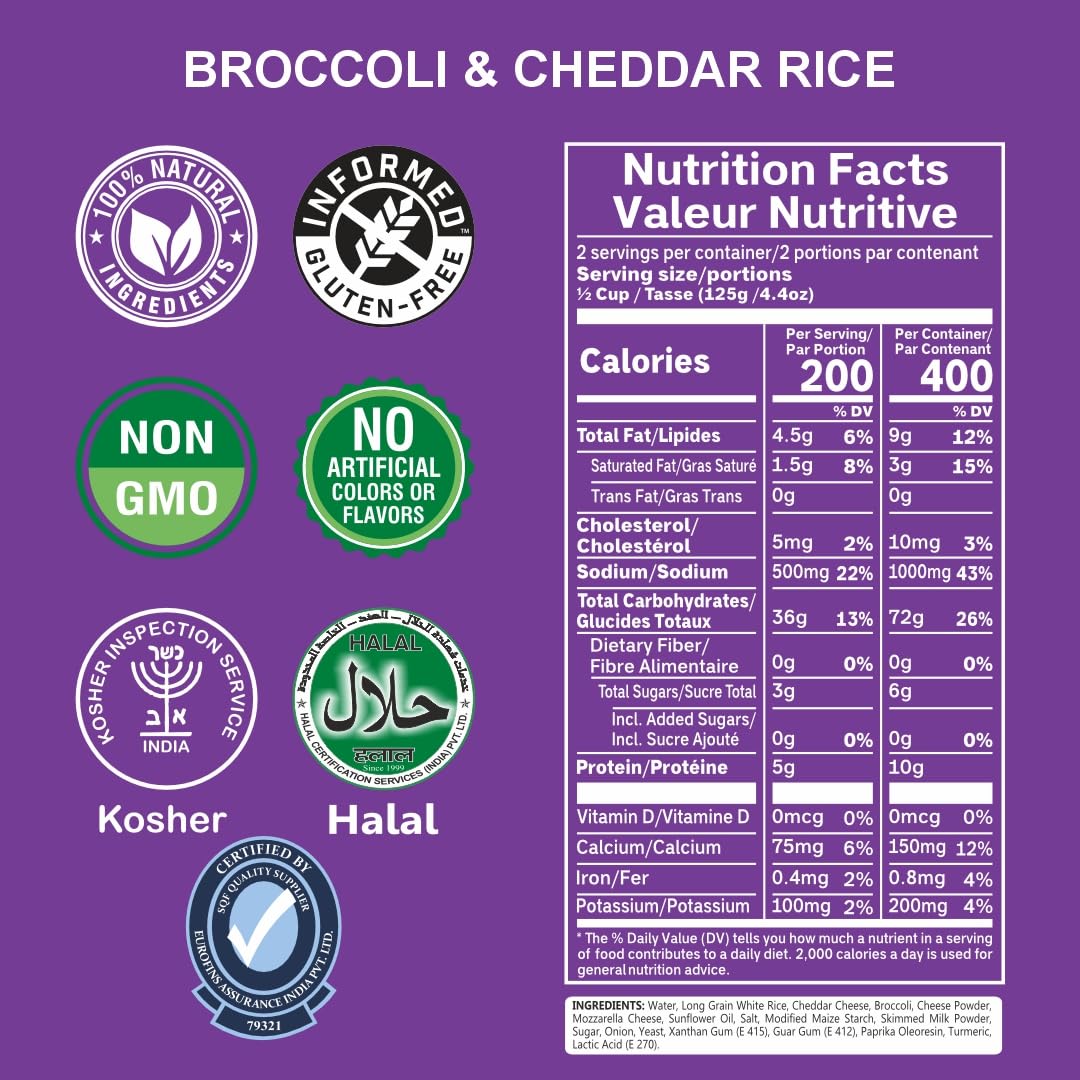Ready-to-eat Regal Broccoli and Cheddar Rice Cup in 8.8 oz package, gluten-free, with broccoli and cheese visible in a microwave-ready container.