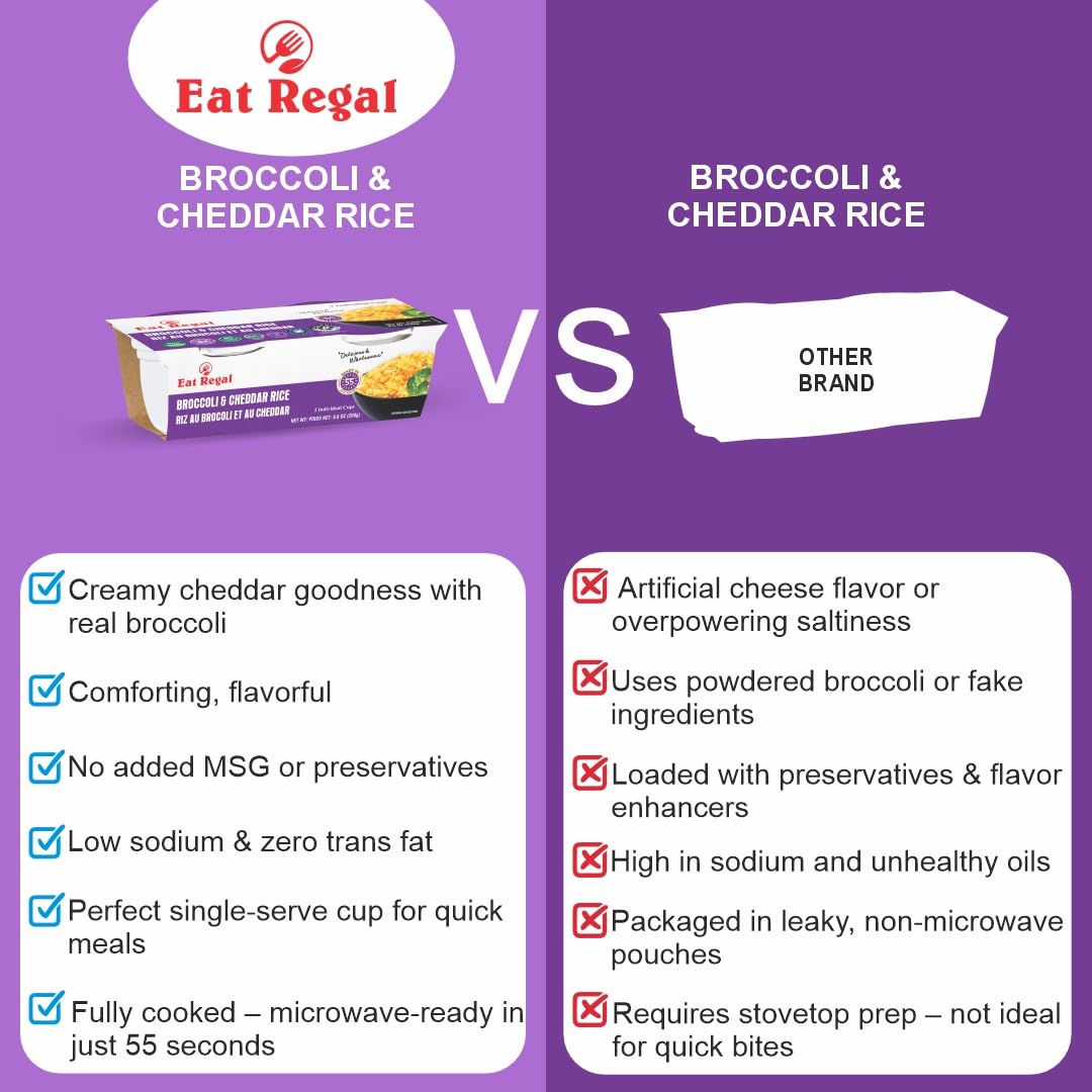 Ready-to-eat Regal Kitchen Foods broccoli and cheddar rice cup, gluten-free, 8.8 oz, pack of 6, with steamed broccoli and melted cheddar