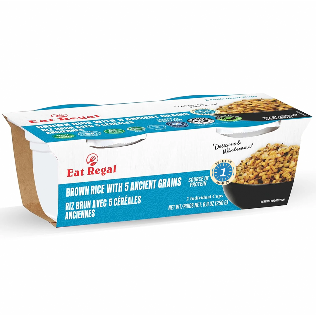 Ready-to-eat Regal Brown Rice with 5 ancient grains in microwaveable cups, 8.8 oz, pack of 6, from Regal Kitchen Foods USA LLC.