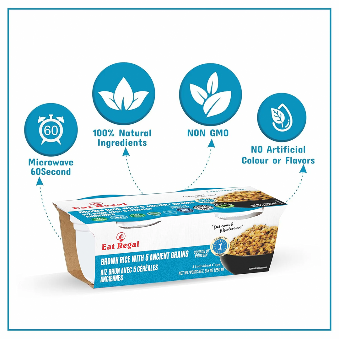 Ready-to-eat Regal Brown Rice with 5 ancient grains in microwaveable cups, 8.8 oz, pack of 6 by Regal Kitchen Foods USA LLC.