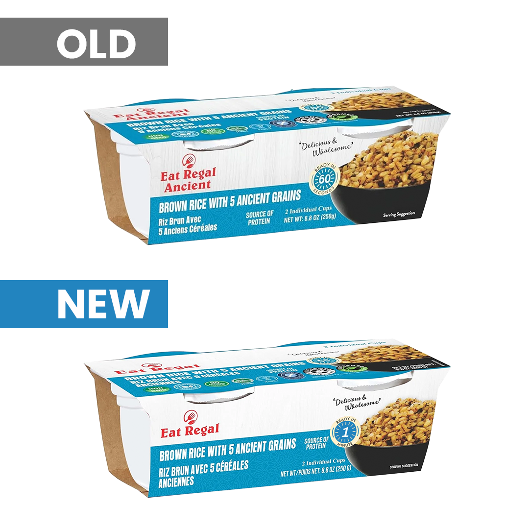 Ready-to-eat Regal Brown Rice with 5 ancient grains in microwaveable cups, 8.8 oz pack of 6 by Regal Kitchen Foods USA LLC.
