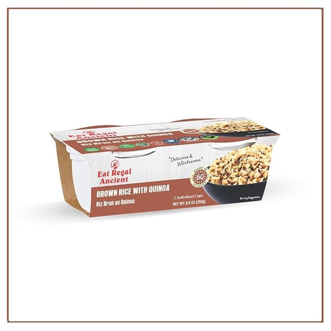 Ready-to-eat Regal Kitchen Foods USA LLC brown rice with quinoa cups, 6-pack, non-GMO, quick meal, 10g protein, 6g fiber.