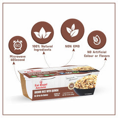 Ready-to-eat Regal Kitchen Foods brown rice with quinoa cups, non-GMO ingredients, 10g protein, 6g fiber, 2-pack of 6 cups.