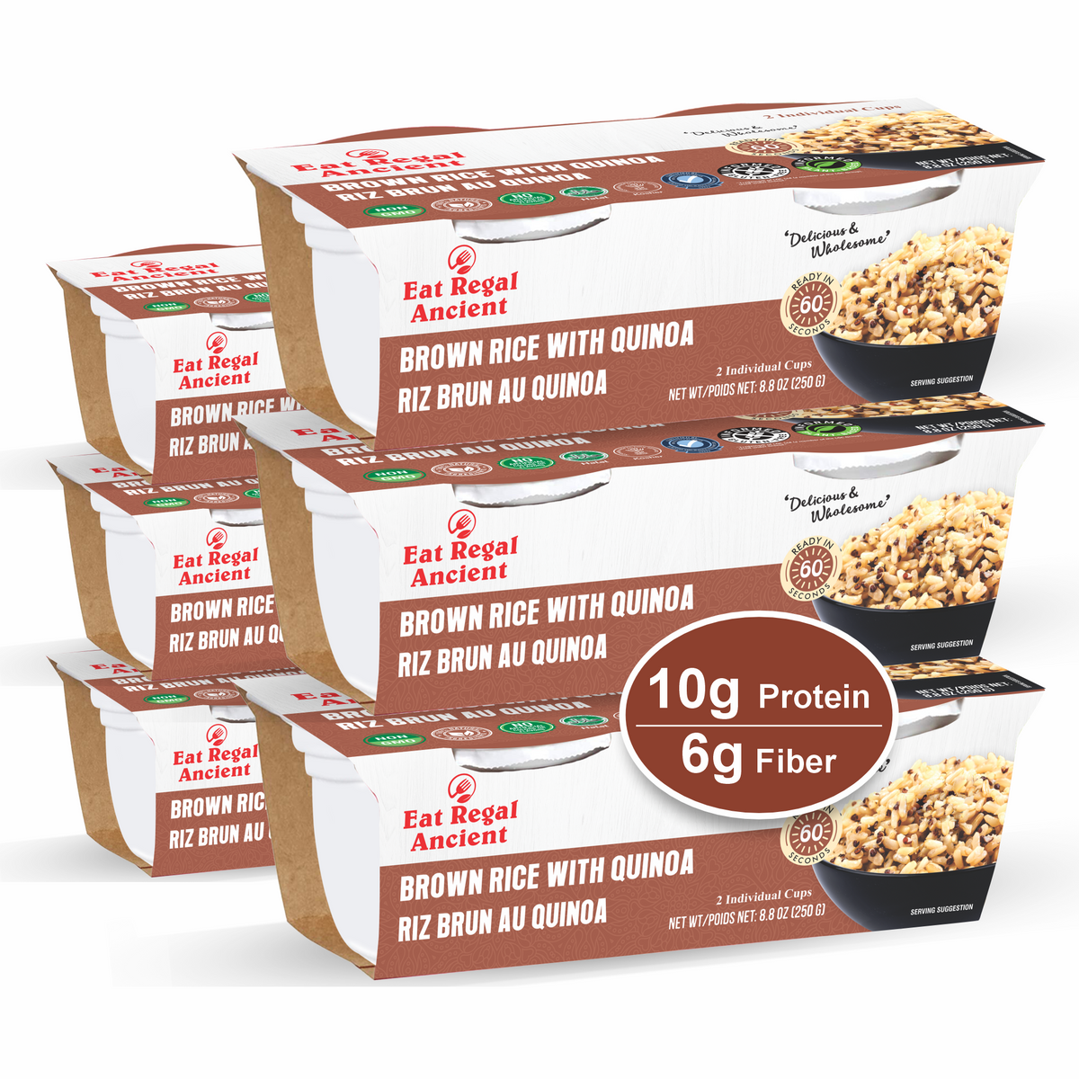 Ready-to-eat Regal Kitchen Foods Brown Rice with Quinoa cups, non-GMO, 10g protein, 6g fiber, in a pack of 6.