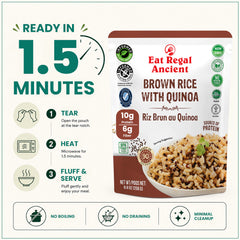 Ready-to-eat Regal Brown Rice with Quinoa pack of 6 from Regal Kitchen Foods USA, showing microwave-ready whole grain rice pouches