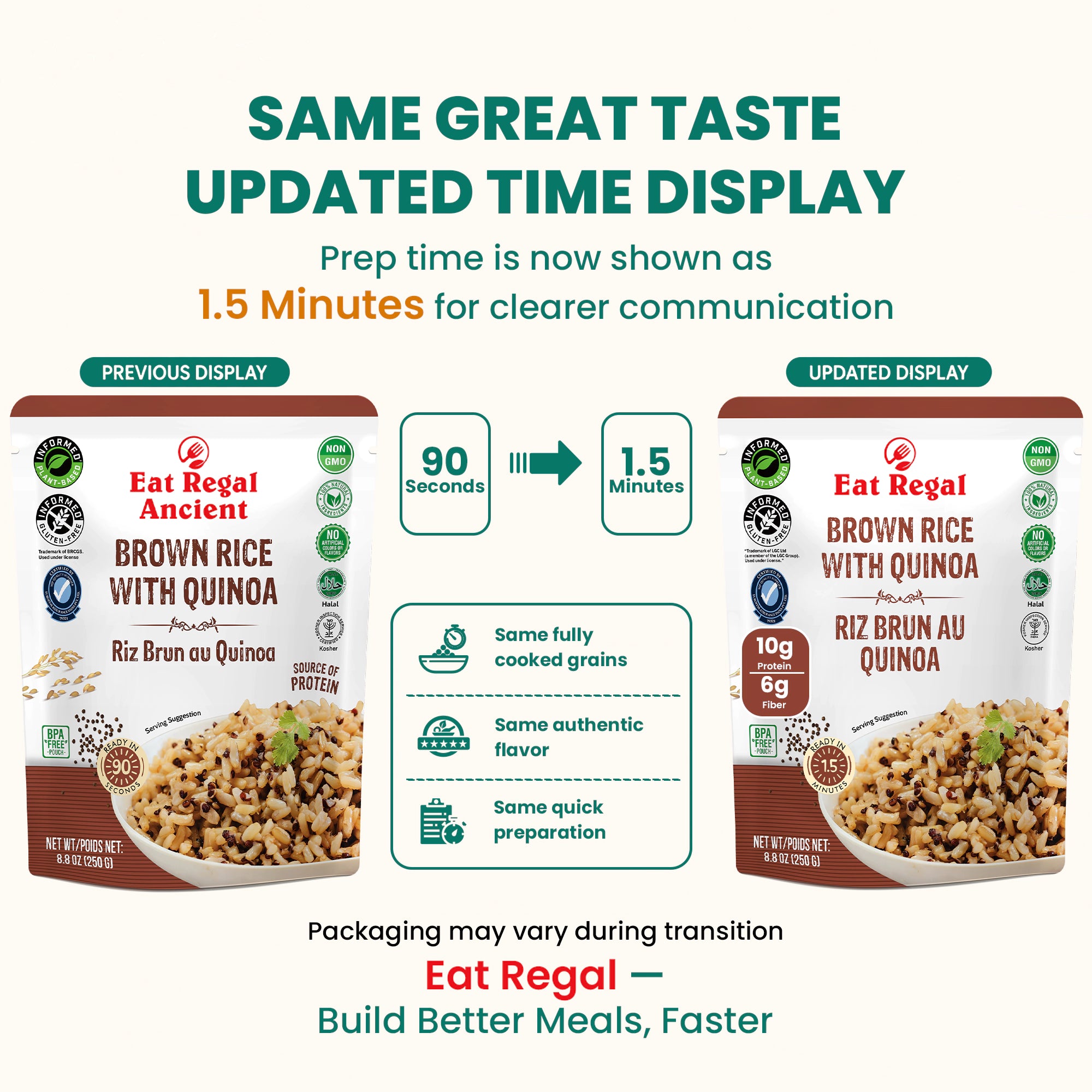 Ready-to-eat Regal Brown Rice with Quinoa pack of 6 from Regal Kitchen Foods, microwaveable whole grain rice with 10g protein per pouch