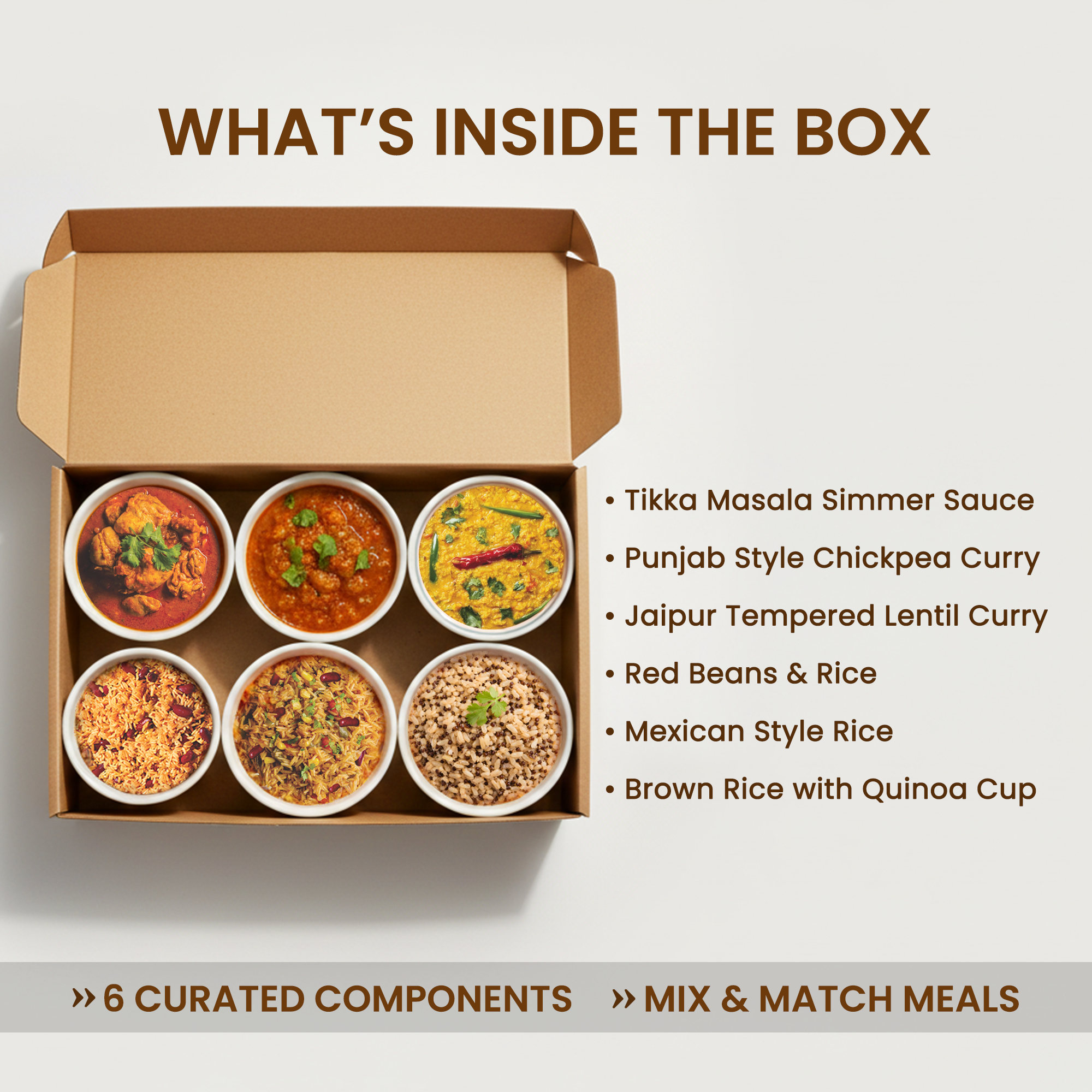 Set of six Regal Kitchen Foods Ready-to-Eat Rice and Curry Burrito Bowl Essentials with simmer sauce and easy sides for Valentine's dinner.