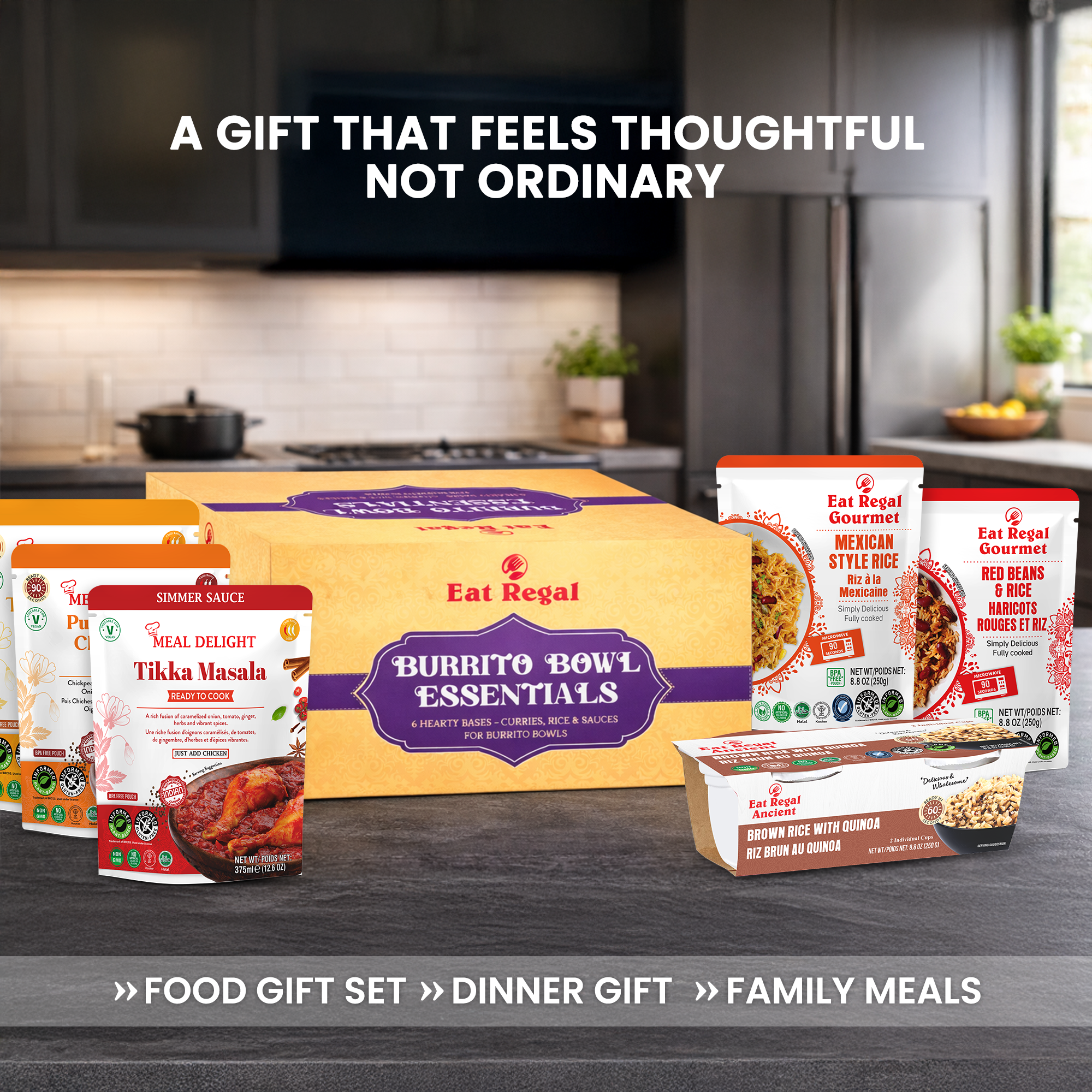 Regal Kitchen Foods USA LLC Burrito Bowl Essentials Gift Set with ready-to-eat rice, curries, simmer sauce, and sides in a pack of 6