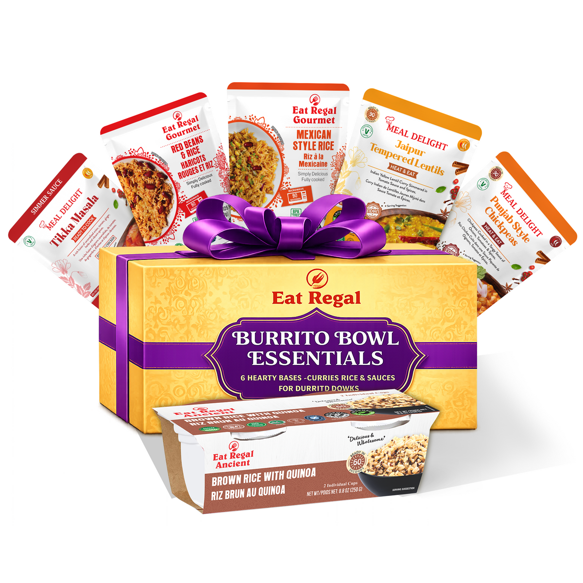 Regal Kitchen Foods USA LLC Burrito Bowl Essentials Gift Set with ready-to-eat rice, curries, simmer sauce, and sides in a pack of 6.
