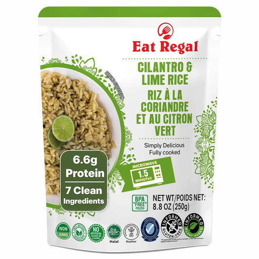 Eat Regal Cilantro & Lime Ready-to-Eat Rice in 8.8 oz packs, featuring fresh cilantro and lime flavor, quick side dish. 1080
