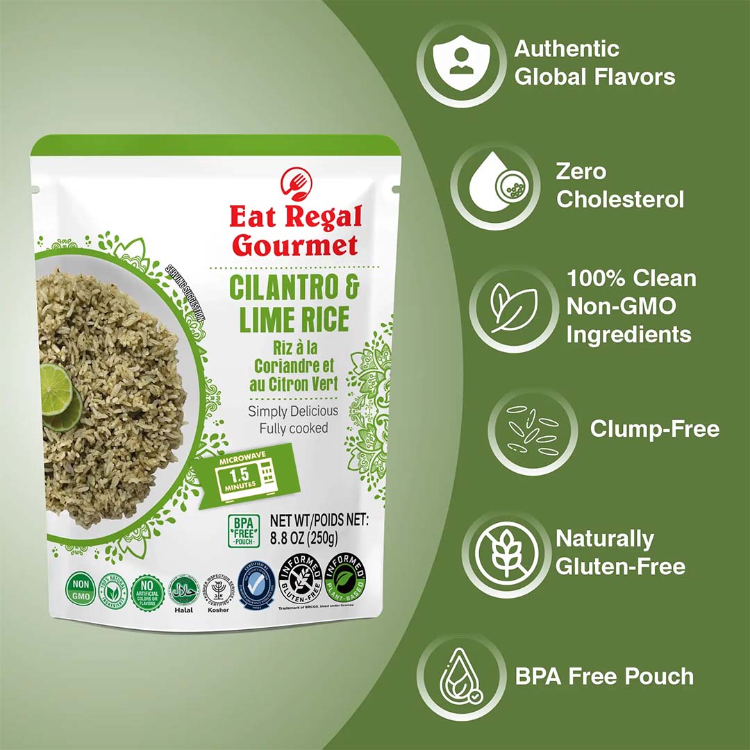 Regal Kitchen Foods USA LLC Cilantro & Lime Ready-to-Eat Rice, 8.8 oz packs, stacked showing fresh rice with cilantro and lime.