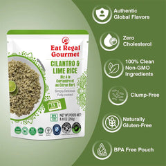 Regal Kitchen Foods USA LLC Cilantro & Lime Ready-to-Eat Rice, 8.8 oz packs, stacked showing fresh rice with cilantro and lime.