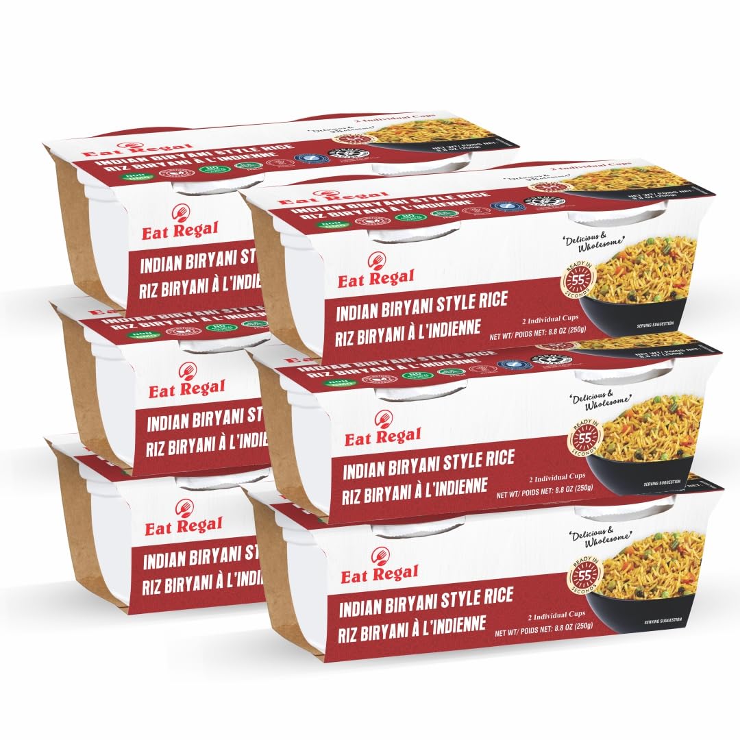 Ready-to-eat Indian Biryani-style rice cups by Regal Kitchen Foods, 8.8 oz each, packed in a set of six.