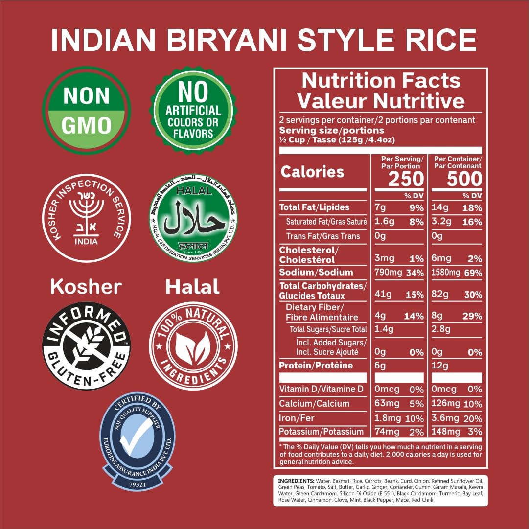 Six ready-to-heat cups of Regal Gourmet Indian Biryani Style Rice by Regal Kitchen Foods USA LLC, 8.8 oz each.