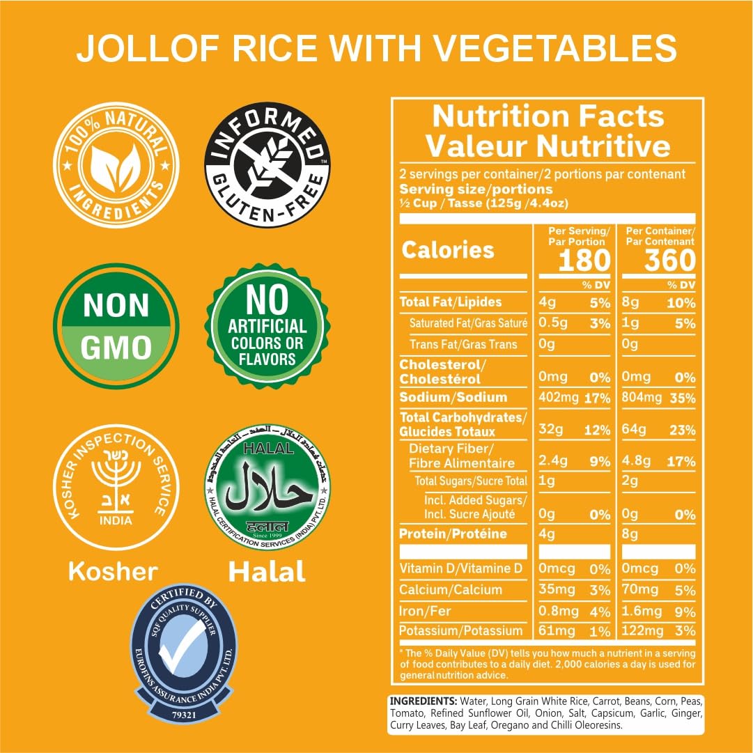 Ready-to-eat Nigerian-style Jollof rice with vegetables in 8.8 oz cups by Regal Kitchen Foods, pack of six