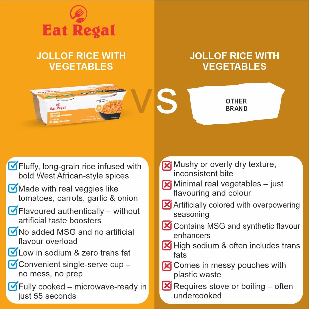 Ready-to-eat Nigerian Jollof rice with vegetables in six 8.8 oz cups by Regal Kitchen Foods, showcasing colorful rice and vegetable ingredients.
