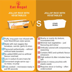 Ready-to-eat Nigerian Jollof rice with vegetables in six 8.8 oz cups by Regal Kitchen Foods, showcasing colorful rice and vegetable ingredients.