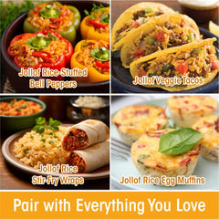 Ready-to-eat Nigerian Jollof Rice with vegetables in 8.8 oz cups, packaged six-pack by Regal Kitchen Foods USA LLC.