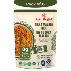 Ready-to-eat Regal Gourmet Tikka Masala Rice in 8.8 oz pack, featuring flavorful cooked rice with spices, ready in 1.5 minutes.