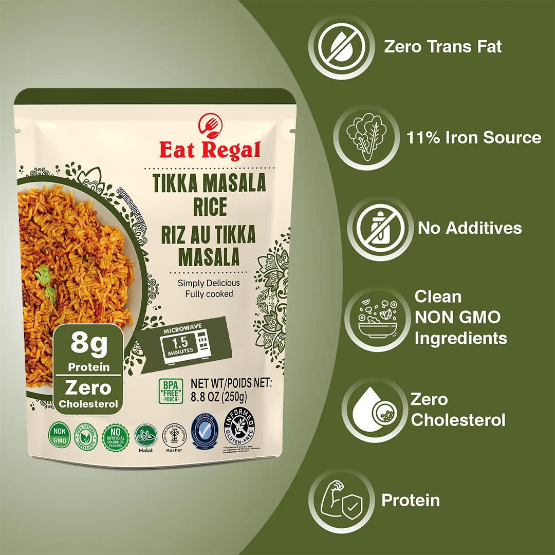 Ready-to-eat Regal Gourmet Tikka Masala rice in 8.8 oz pack, featuring cooked rice with flavorful spices and herbs.
