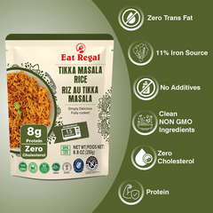 Ready-to-eat Regal Gourmet Tikka Masala rice in 8.8 oz pack, featuring cooked rice with flavorful spices and herbs.