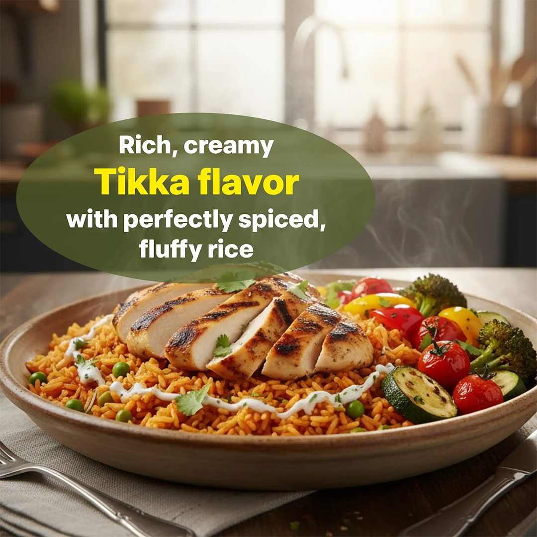 Ready-to-eat Regal Gourmet Tikka Masala rice pack, 8.8 oz, showing cooked rice in a bowl with Tikka Masala sauce.