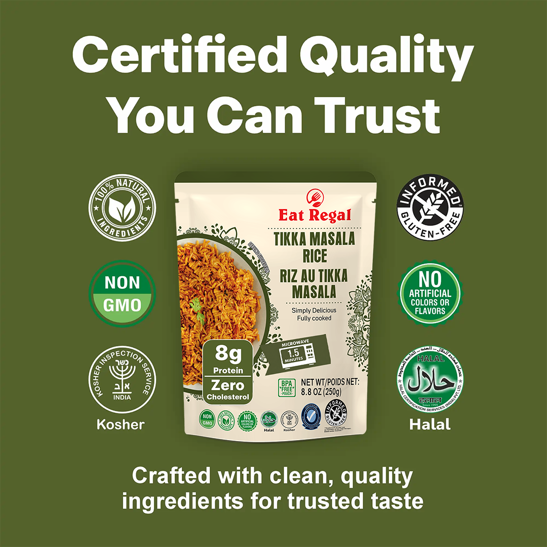 Ready-to-eat Regal Gourmet Tikka Masala Rice pack, 8.8 oz, showing six microwaveable rice containers from Regal Kitchen Foods.