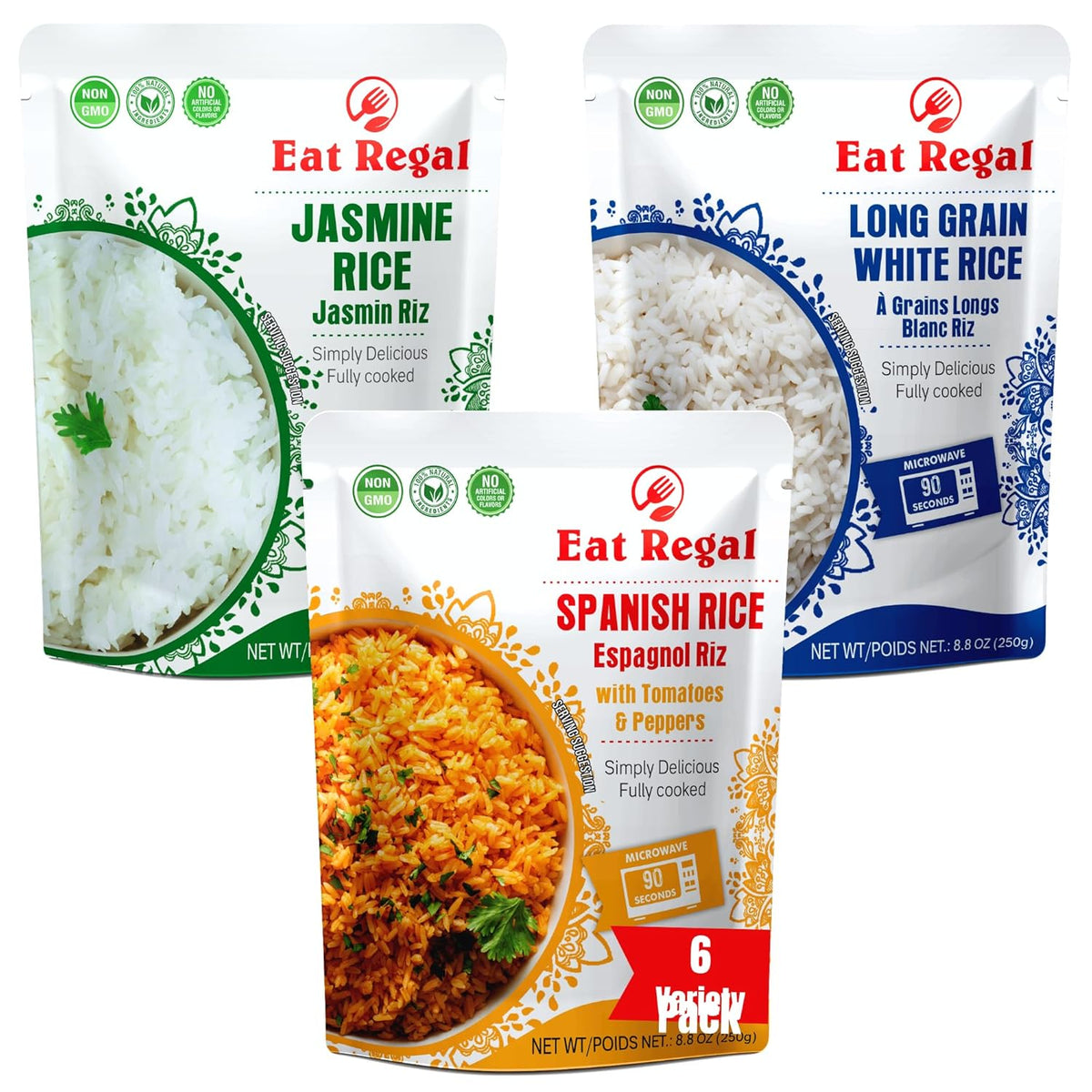 Eat Regal 3-flavor rice variety pack with six ready-to-eat rice pouches, featuring three rice favorites in convenient heat-and-eat packaging.