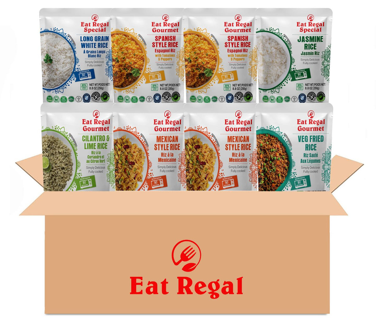 Assorted ready-to-eat rice pouches from Regal Kitchen Foods USA LLC, 6-flavor variety pack with 8 pouches for quick meals.