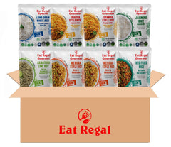 Assorted ready-to-eat rice pouches from Regal Kitchen Foods USA LLC, 6-flavor variety pack with 8 pouches for quick meals.