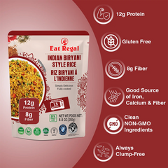 Ready-to-eat Indian Biryani style rice by Regal Kitchen Foods, 8.8 oz packs, six-pack, featuring flavorful cooked rice in packaging.