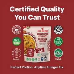 Ready-to-eat Indian Biryani-style rice from Regal Kitchen Foods, 8.8 oz packs, six-pack of flavorful, convenient rice.