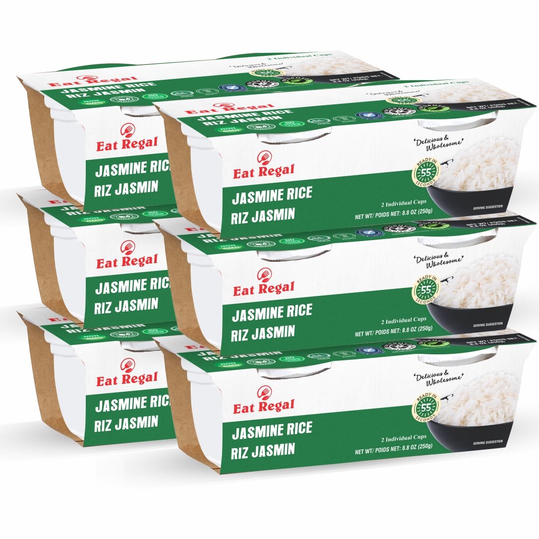 Pack of six Regal Kitchen Foods USA LLC Jasmine Rice ready-to-eat gluten-free microwaveable side dish in 8.8 oz containers.