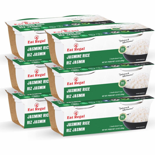 Pack of six Regal Kitchen Foods USA LLC Jasmine Rice ready-to-eat gluten-free microwaveable side dish in 8.8 oz containers. 1080