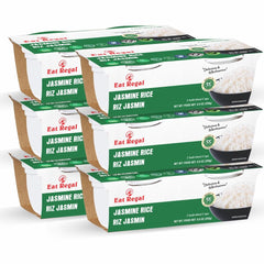 Pack of six Regal Kitchen Foods USA LLC Jasmine Rice ready-to-eat gluten-free microwaveable side dish in 8.8 oz containers.