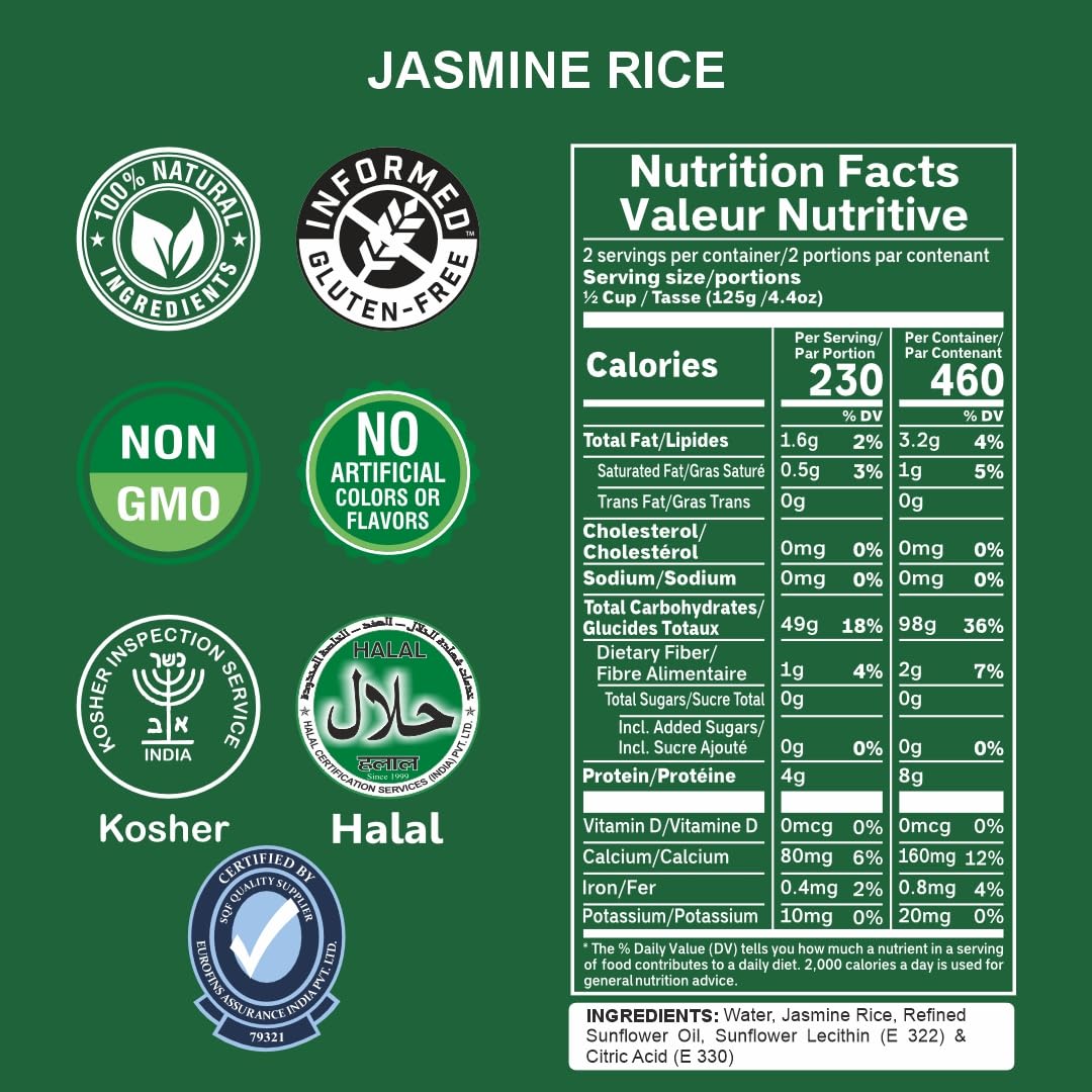 Ready-to-eat Regal Jasmine Rice by Regal Kitchen Foods, gluten-free, microwavable, 8.8 oz pack, shown in six-pack with rice serving.