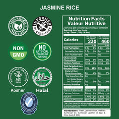 Ready-to-eat Regal Jasmine Rice by Regal Kitchen Foods, gluten-free, microwavable, 8.8 oz pack, shown in six-pack with rice serving.