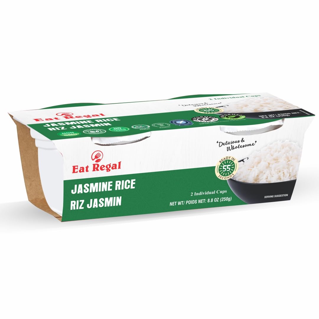 Ready-to-eat Regal Jasmine Rice from Regal Kitchen Foods, gluten-free, microwavable, 8.8 oz packs, perfect as a quick side dish.