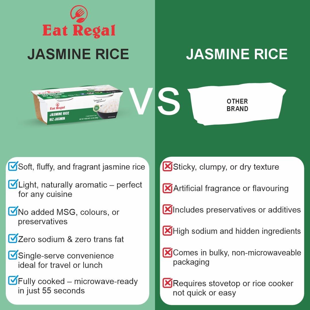 Ready-to-eat Regal Jasmine Rice from Regal Kitchen Foods, gluten-free, microwavable, in 8.8 oz packs, ideal as a quick side dish.
