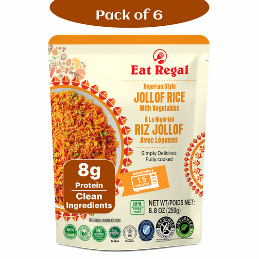 Ready-to-eat Regal Jollof Rice with Vegetables, 8.8 oz, pack of 6, served in a bowl with colorful vegetables and rice grains. 1080