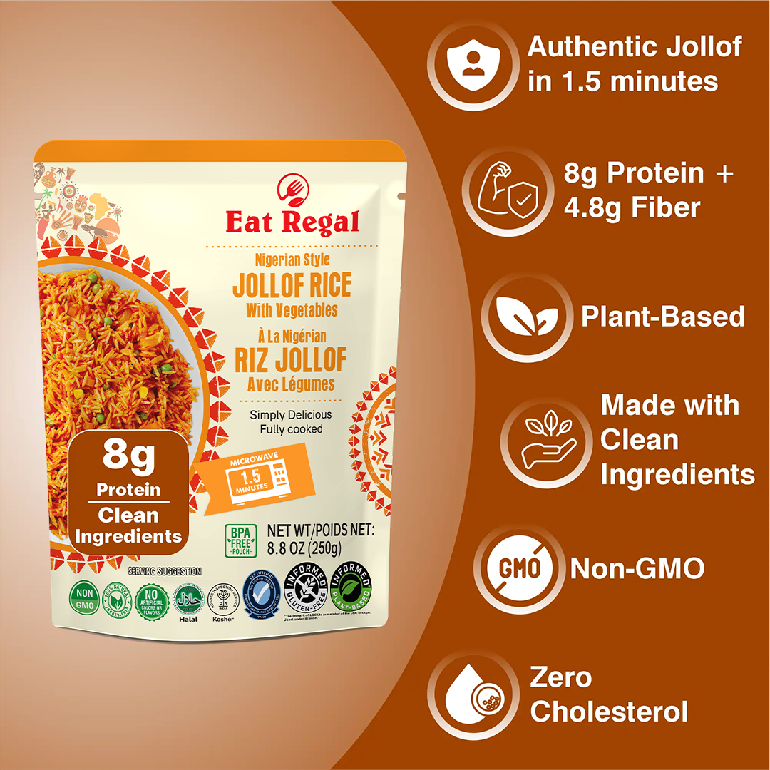 Ready-to-eat Regal Jollof Rice with Vegetables in 8.8 oz packs, featuring colorful rice and vegetable mix from Regal Kitchen Foods.