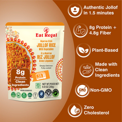 Ready-to-eat Regal Jollof Rice with Vegetables in 8.8 oz packs, featuring colorful rice and vegetable mix from Regal Kitchen Foods.