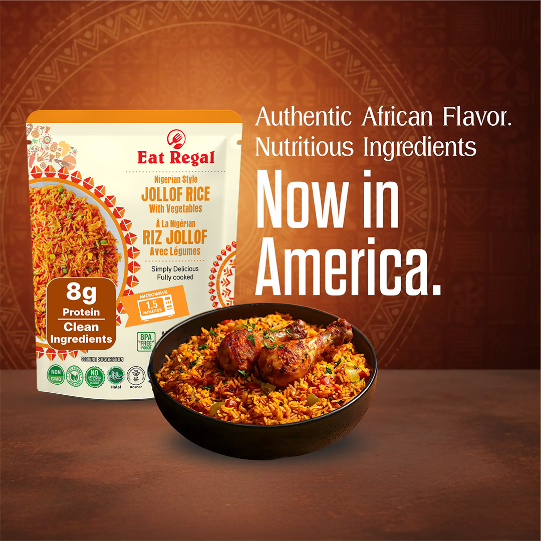 Ready-to-eat Regal Jollof Rice with Vegetables in 8.8-ounce packs, featuring vibrant rice and vegetable ingredients.